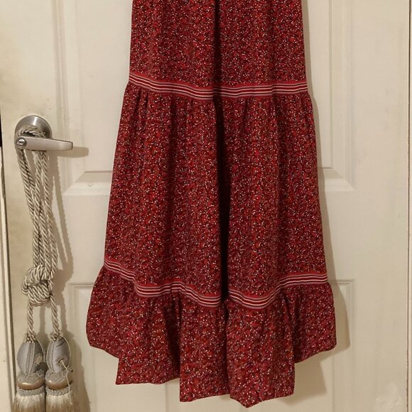 Max Studio Red with Micro Floral Long Dress – Size S – Ruffle Neckline & Smocked - Picture 2 of 6